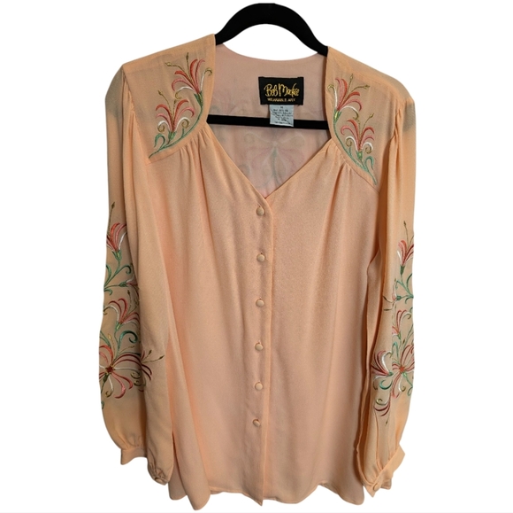 Bob Mackie Silk Peach Blouse Embroidered Button Down Long Sleeve Wearable Art - Picture 2 of 3